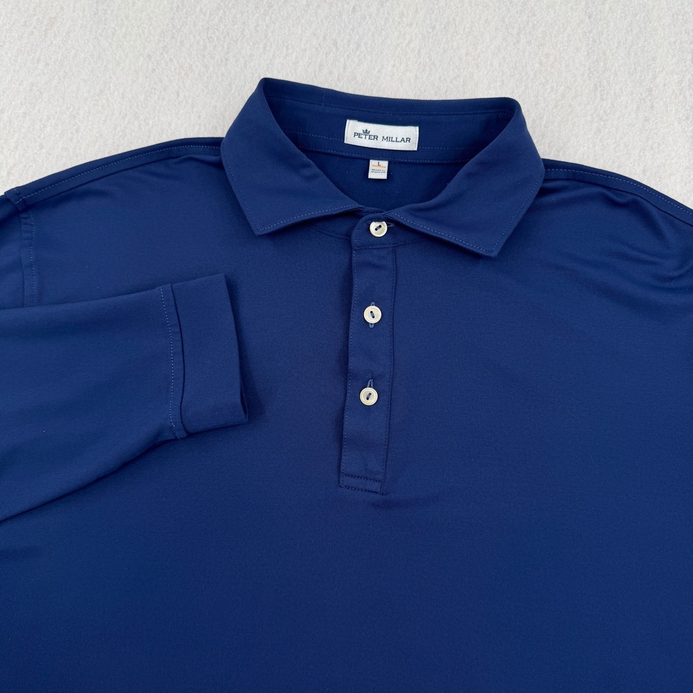 Peter Millar Mens L Long Sleeve Performance Golf Polo Shirt Navy Blue Stretch